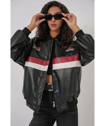 0698 Baskılı Suni Deri Bomber Ceket  Siyah