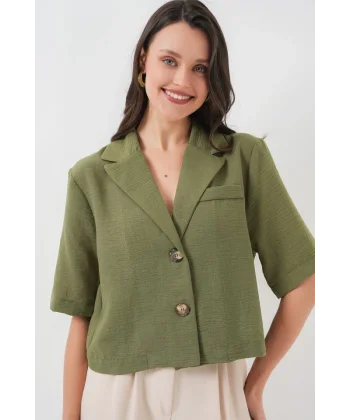 0706 Crop Keten Ceket  Haki