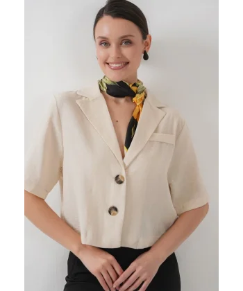 0706 Crop Keten Ceket  M. Krem