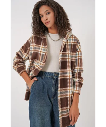 0710 Kapüşonlu Oversize Gömlek  C. Kahverengi