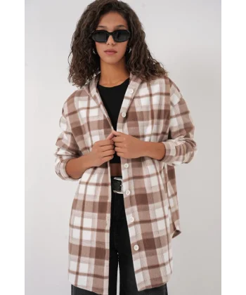 0710 Kapüşonlu Oversize Gömlek  Kahverengi