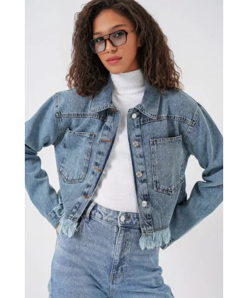 0716 Çift Cepli Crop Kot Ceket  Mavi