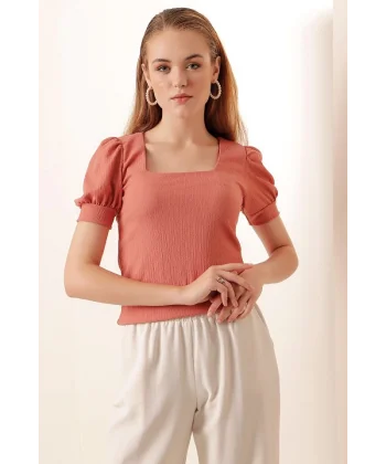 09 Kare Yaka Örme Bluz  Gül Kurusu