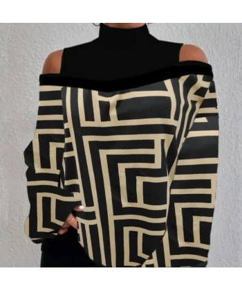 0Kadın Uzun Kollu Balıkçı Yaka Omuz Pencereli Labirent Dijital Baskılı şardonlu Dalgıçsalaş Bluz