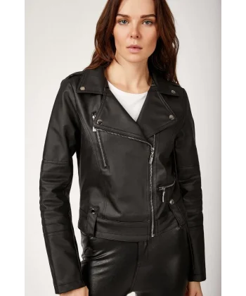 1025 Suni Deri Biker Ceket - Siyah