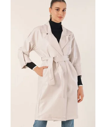 1034 Kuşaklı Suni Deri Trençkot - Ekru