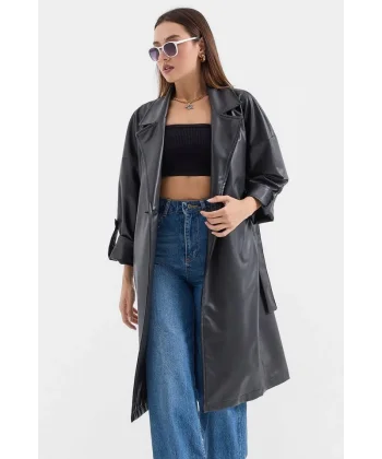 1034 Kuşaklı Suni Deri Trençkot - Siyah