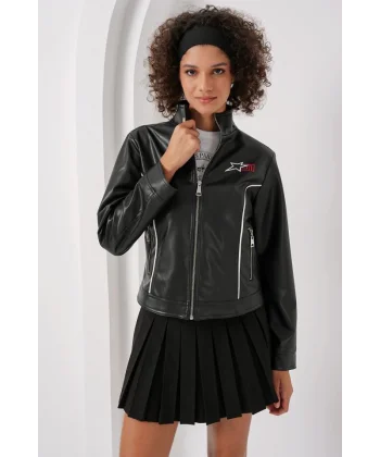 1041 Dik Yaka Suni Deri Ceket  Siyah