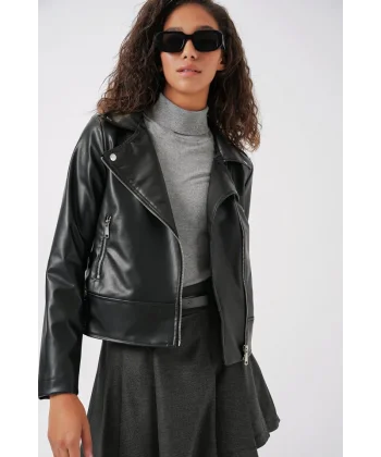 1044 Suni Deri Ceket  Siyah