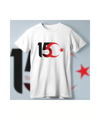 15 Temmuza Özel Tasarım Ay Yıldız Baskılı T-shirt - Beyaz