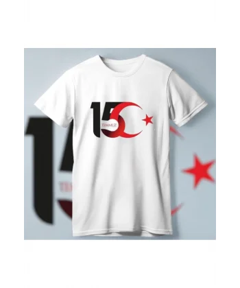 15 Temmuza Özel Tasarım Ay Yıldız Baskılı T-shirt - Beyaz