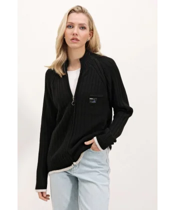 15863 Fermuarlı Triko Hırka - Siyah