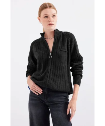 15880 Fermuarlı Triko Hırka - Siyah