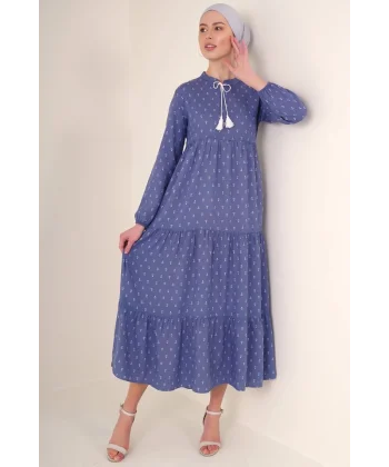 1627 Yaka Bağcıklı Tesettür Elbise - Mavi