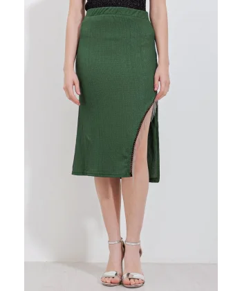 1890 Zincir Detaylı Etek  Zümrüt Yeşili