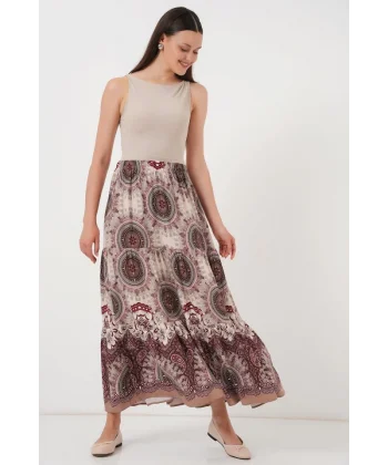 1898 Desenli Uzun Etek - Kahverengi
