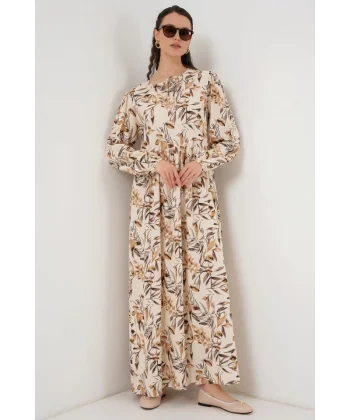 1947 Desenli Uzun Elbise  Bej