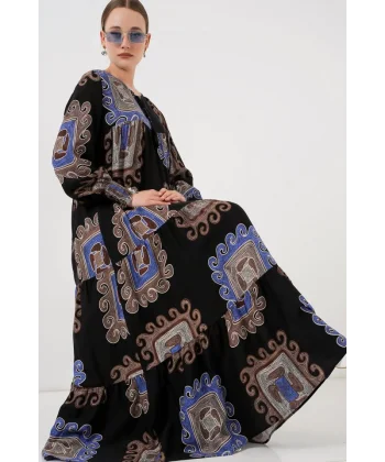 1947 Desenli Uzun Elbise - M. Kahverengi