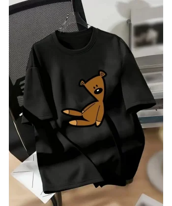 20/1 Penye Compack Ayı Baskılı Oversize Bisiklet Yaka Kısa Kol T-shirt - Siyah