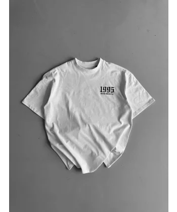 20/1 Penye Compack Baskılı Oversize Bisiklet Yaka Kısa Kol Yazlık T-shirt - Beyaz