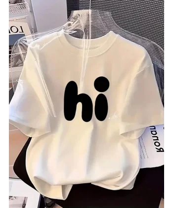 20/1 Penye Compack Baskılı Oversize Bisiklet Yaka Kısa Kol Yazlık T-shirt - Beyaz