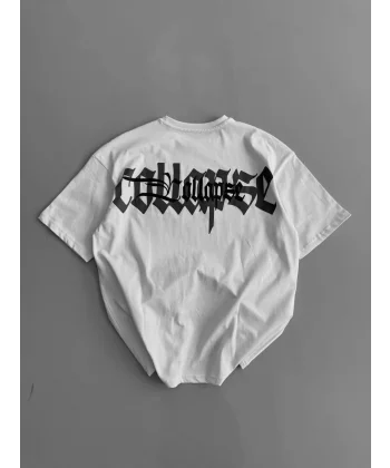 20/1 Penye Compack Baskılı Oversize Bisiklet Yaka Kısa Kol Yazlık T-shirt - Beyaz