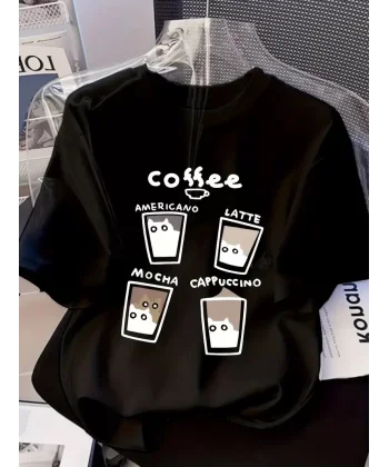 20/1 Penye Compack Baskılı Oversize Bisiklet Yaka Kısa Kol Yazlık T-shirt - Siyah