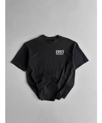 20/1 Penye Compack Baskılı Oversize Bisiklet Yaka Kısa Kol Yazlık T-shirt - Siyah