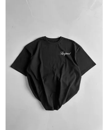 20/1 Penye Compack Baskılı Oversize Bisiklet Yaka Kısa Kol Yazlık T-shirt - Siyah