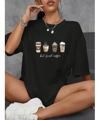 20/1 Penye Compack Baskılı Oversize Kahve Desenli Kadın Kısa Kol Yazlık T-shirt - Siyah