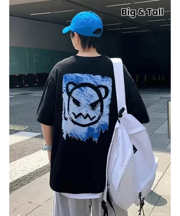 20/1 Penye Compack Bisiklet Yaka Kore tarzı sevimli ayı baskı Kısa Kol Erkek t-shirt - Siyah