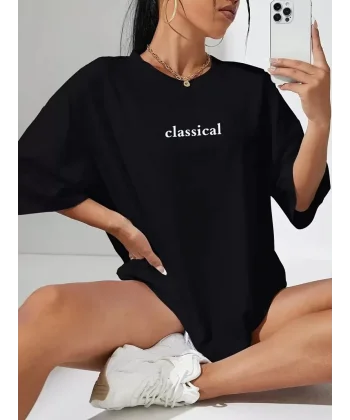 20/1 Penye Compack Classical Baskılı Siyah Oversize Tişort - Siyah