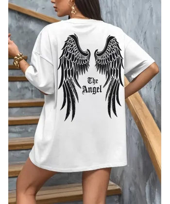 20/1 Penye Compack Dark Angel Baskılı Oversize Kısa Kol Yazlık T-shirt- Beyaz