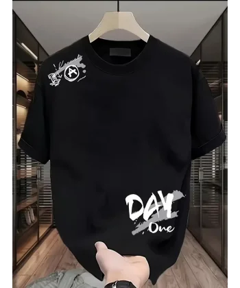 20/1 Penye Compack Day One Baskılı Oversize Bisiklet Yaka T-shirt - Siyah