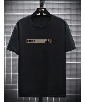 20/1 Penye Compack FUTRE Baskılı Oversize Kısa Kol Bisiklet Yaka T-shirt - Siyah