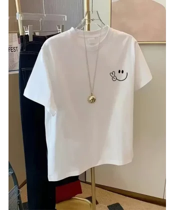 20/1 Penye Compack Gülücük Baskılı Oversize Bisiklet Yaka Kısa Kol Yazlık T-shirt - Beyaz