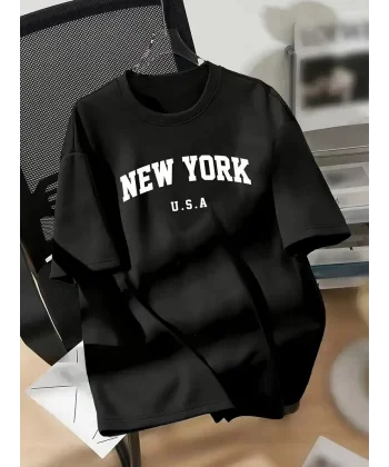 20/1 Penye Compack New York Baskılı Oversize Kısa Kol Bisiklet Yaka T-shirt - Siyah