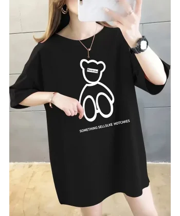 20/1 Penye Compack Ön Arka Baskılı Oversize Bisiklet Yaka T-shirt - Siyah