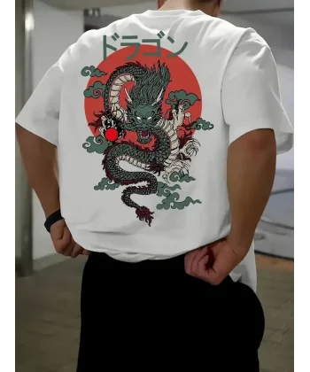 20/1 Penye Compack Ön Arka Ejder Baskılı Oversize Bisiklet Yaka T-shirt - Beyaz