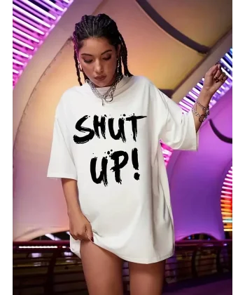 20/1 Penye Compack Oversize Beyaz Shut Up Kısa Kol Yazlık Tişört - Beyaz