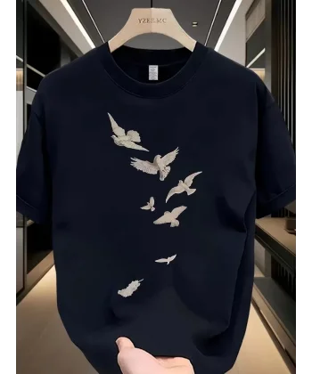 20/1 Penye Compack Özgür kuşlar Baskılı Baskılı Oversize Bisiklet Yaka T-shirt - Beyaz