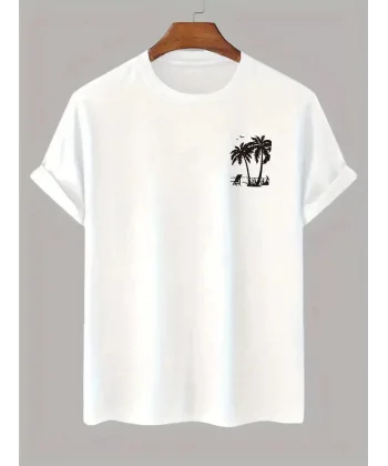 20/1 Penye Compack Palmiye Baskılı Oversize Bisiklet Yaka Kısa Kol T-shirt - Beyaz