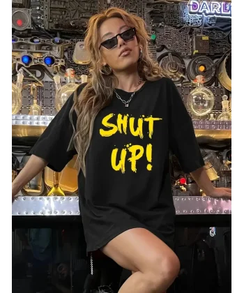 20/1 Penye Compack Shut up Baskılı Oversize Bisiklet Yaka Kısa Kol T-shirt - Siyah