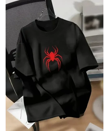 20/1 Penye Compack Spider Baskılı Oversize Unisex Kısa Kol Yazlık T-shirt - Siyah