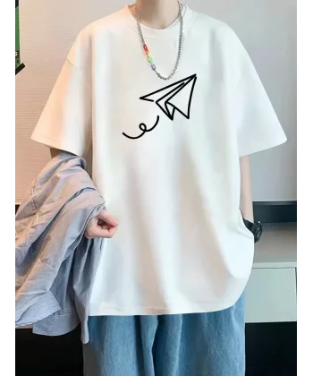 20/1 Penye Compack Uçak Baskılı Oversize Bisiklet Yaka Kısa Kol T-shirt - Beyaz