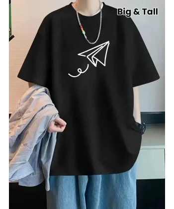 20/1 Penye Compack Uçak Baskılı Oversize Bisiklet Yaka Kısa Kol T-shirt - Siyah