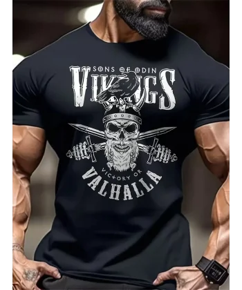 20/1 Penye Compack Vikings Valhalla Baskılı Oversize Bisiklet Yaka T-shirt - Siyah