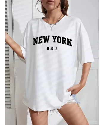 20/1 Penye CompackNew York Baskılı Oversize Kısa Kol Bisiklet Yaka T-shirt - Beyaz
