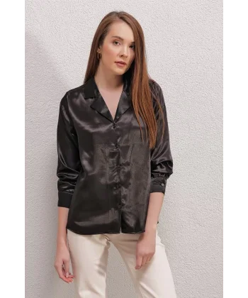 201 Kruvaze Yaka Saten Gömlek  Siyah