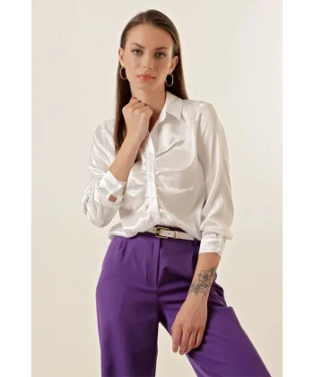 20112 Büzgülü Saten Gömlek  Beyaz